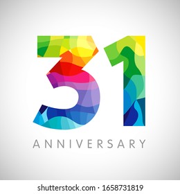 31 st anniversary numbers. 31 years old logotype. Bright congrats. Isolated abstract graphic web design template. Creative 1, 3 3D digits. Up to 31% percent off discount idea. Congratulation concept.