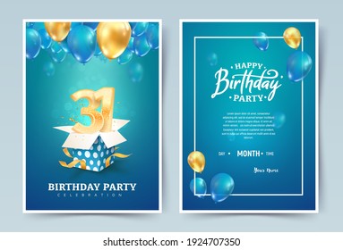 31 th years birthday vector invitation double card. Thirty one years anniversary celebration brochure. Template of invitational for print on blue background