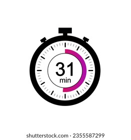 31 timer minutes symbol, 31 min timer clock icon flat design isolated on white background.