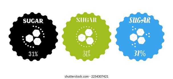 31% Vector sugar cubes set in circle icon. Food packaging decoration element. Sweet, nutritious, tasty sugar. Sugar Logo. Vector illustration. Black,green and blue color.