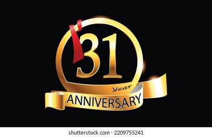 31-jähriges Jubiläum Vector Design mit Ring und rotem Band. 31. Jubiläumsfeier. Gold Luxury Banner der 31. Jubiläumsfeier. einunddreißigste Weihnachtskarte. 