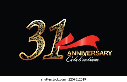 31 Year Anniversary celebration Vector Design with red ribbon and glitter. 31st Anniversary celebration. Gold Luxury Banner of 31st Anniversary. thirty-first celebration card
