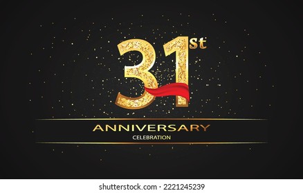 Celebración del 31 Aniversario del Diseño Vector con cinta roja y brillo. Celebración del 31° Aniversario. Banner Gold Luxury del 31° aniversario. tarjeta de celebración