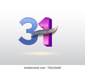 31 years anniversary blue and pink logotype with ribbon isolated on white background, vector design for greeting card and invitation card.