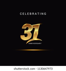 31 Years anniversary celebration golden logotype with swoosh isolated on black background, vector illustration design for greeting card, company event, invitation card, birthday