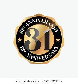 31 Years Anniversary Celebration. Anniversary logo with circle and elegance golden color isolated on black background, vector design