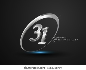 31 Years Anniversary Celebration. Anniversary logo with ring and elegance silver color isolated on black background, vector design for celebration, invitation card, and greeting card