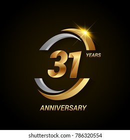 31 Years Anniversary Celebration Logotype. Golden Elegant Vector Illustration with Swoosh, Isolated on Black Background can be use for Celebration, Invitation, and Greeting card