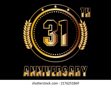 31 Jahre Jubiläum. Goldener Vektor mit Ringen für 31 Jahre Jubiläumsfeier auf schwarzem Hintergrund.