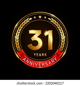 31 years anniversary, golden anniversary celebration logotype with red ribbon isolated on black background, vector illustration