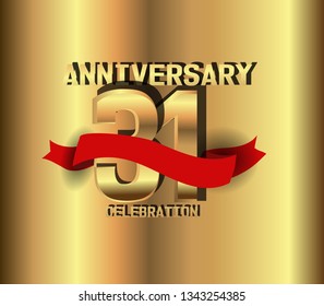 31 years Anniversary golden font with golden background and red ribbon