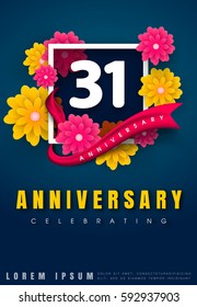 31 years anniversary invitation card - celebration template design , 31st anniversary with flowers and modern design elements, dark blue background - vector illustration