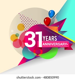 31 Years Anniversary logo with balloon and colorful geometric background, vector design template elements for your birthday celebration.