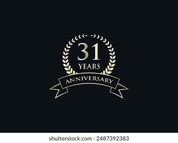 31 Years Anniversary Logo. Celebrating Success. Symbol of Eternal Achievement. Proud Heritage. Logo with Laurel Wreath and Ribbon. Years of Glorious Memories. Jubilee of Joy. Golden Celebratory Crest.