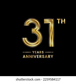 31 years anniversary logo design with golden numbers and text for anniversary celebration event, invitation, wedding, marriage, greeting card, banner, poster, flyer, brochure. Logo Vector Template