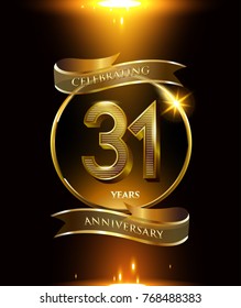 31 years anniversary logo with shiny ribbon and golden ring isolated on black background