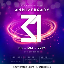 31 years anniversary logo template on purple Abstract futuristic space background. 31st modern technology design celebrating numbers with Hi-tech network digital technology concept design elements.