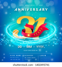 31 years anniversary logo template on blue Abstract futuristic space background. 31st modern technology design celebrating numbers with Hi-tech network digital technology concept design elements.