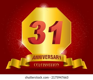  31 years anniversary logo template. Red numbers with golden ribbon.