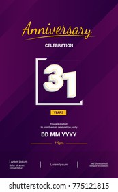 31 Years Anniversary Logotype with 3d white number isolated on dark purple abstract background