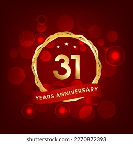 31 years anniversary. Anniversary template design with gold number and red ribbon, design for event, invitation card, greeting card, banner, poster, flyer, book cover and print. Vector Eps10