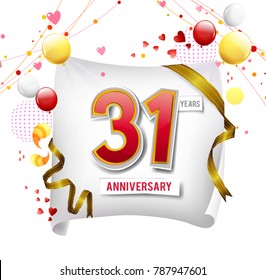 31 years anniversary vector illustration, banner, flyer, logo, icon, symbol. Graphic design element with flag, balloon, ribbon, confetty. Birthday greeting, event celebration