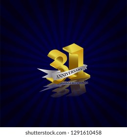 31 years anniversary Vector Template Design with golden color and silver ribbon isolated on blue sunburst background illustration for celebration event - Vector