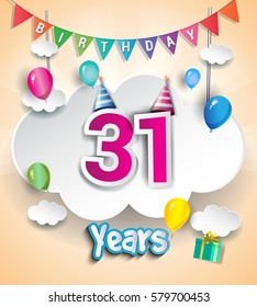 31 Years Birthday Design for greeting cards and poster, with clouds and gift box, balloons. using Paper Art Design Style. vector elements for anniversary celebration.
