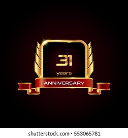 31 years gold anniversary celebration square logo with red ribbon  , isolated on dark background