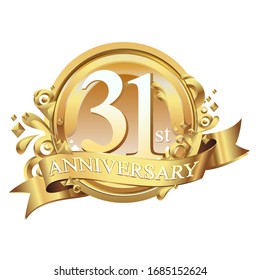 31 years golden anniversary logo celebration with ring and ribbon.