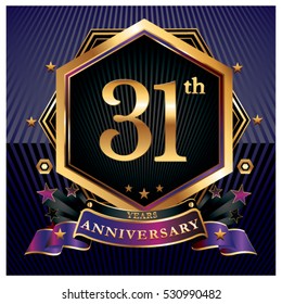 31 years golden anniversary logo celebration with ring and ribbon.