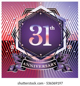 31 years golden anniversary logo celebration with ring and ribbon. Symbol and template for greeting card