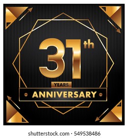 31 years golden anniversary logo celebration with ring and ribbon. Greeting card and cover template.