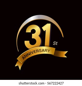 31 years golden anniversary logo celebration with ring and ribbon.