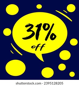 31% yellow discount hall with polka dots on blue background, percentage and promotion