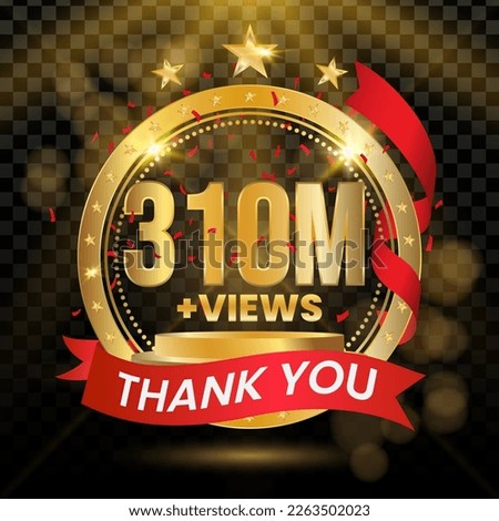 310M+ Views Logotype with Gold and red Confetti Isolated on Black Background(PNG), Vector design for video display celebration.