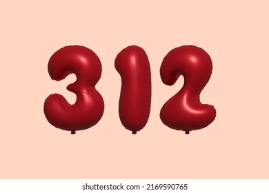 312 3d number balloon made of realistic metallic air balloon 3d rendering. 3D Red helium balloons for sale decoration Party Birthday, Celebrate anniversary, Wedding Holiday. Vector illustration