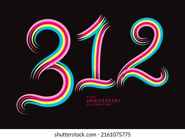 312 number design vector, graphic t shirt, 312 years anniversary celebration logotype colorful line,312th birthday logo, Banner template, logo number elements for invitation card, poster, t-shirt.