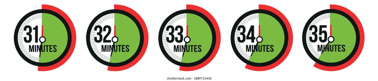 31,32,33,34,35 minutes timer, stopwatch or countdown icon. Time measure.
