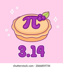 3.14 (March 14) International Pi Day. Sweet Blueberry Pie With Greek Letter Pi, Maths Symbol. Cute Cartoon Drawing, Vector Clip Art Illustration.