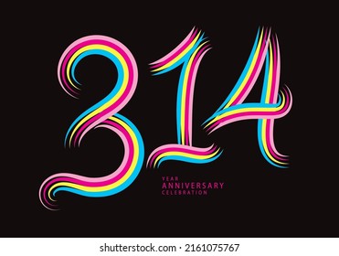 314 Zahlendesign-Vektorgrafik, grafisches T-Shirt, 314-jähriges Jubiläum gefeiert logotype farbige Linie, 314. Geburtstag-Logo, Banner-Vorlage, Logo-Nummern Elemente für Einladungskarte, Poster, T-Shirt.