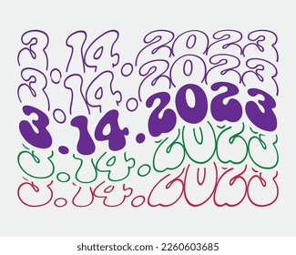 3.14.2023 pi day phrase retro groovy wavy repeat text Mirrored typographic art on white background