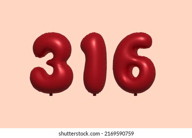 316 3d number balloon made of realistic metallic air balloon 3d rendering. 3D Red helium balloons for sale decoration Party Birthday, Celebrate anniversary, Wedding Holiday. Vector illustration