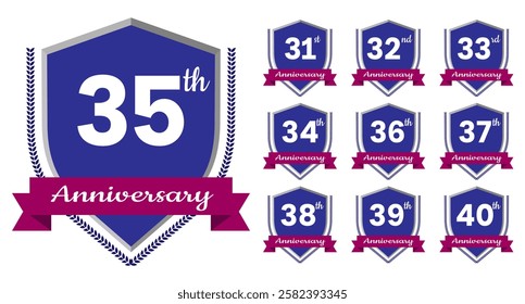 31st, 32nd, 33rd, 34th, 35th, 36th, 37th, 38th, 37th, 40 Anniversary. Anniversary sign collection isolated on white background. Vector illustration EPS 10 File.