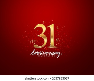 31st anniversary background with 3D number illustration golden numbers and Anniversary Celebration text with golden confetti on red background.