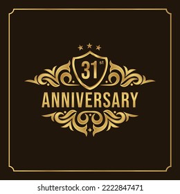 31st anniversary card. Beautiful greeting banner poster and golden logo with gold text word and gold number.