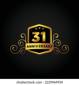 Antecedentes de la celebración del 31° aniversario. Ilustración vectorial, afiche de banner de saludo bonito y logotipo dorado con texto dorado y número de oro.