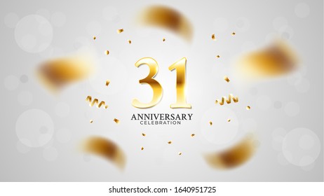31st anniversary celebration with gold color and white background bokeh effects and sparkling confetti. modern elegant design can be used for a wedding or company. editable vector EPS 10