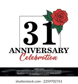 31ª celebración del aniversario logo diseño vectorial con flor rosa roja con fuente de color negro sobre fondo blanco abstracto  