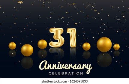 31st Anniversary celebration Vector background by using two colors in the design between gold and red, Golden number 31 with Realistic 3d sign & gold Sphere for Birthday or wedding party 
